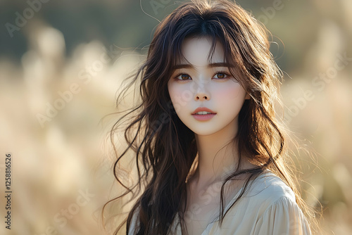 Portrait of a young woman in a field, soft lighting, natural beauty photo