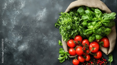 Fresh vegetables and herbs in a burlap bag on a dark surface creating a vibra...