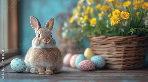 Cute rabbit sitting next to colorful Easter eggs and a flower basket on a woo...