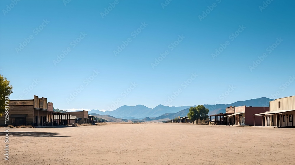 Empty Western Town Panorama Under Sunny Sky Empty Western Town Panorama Under Sunny Sky