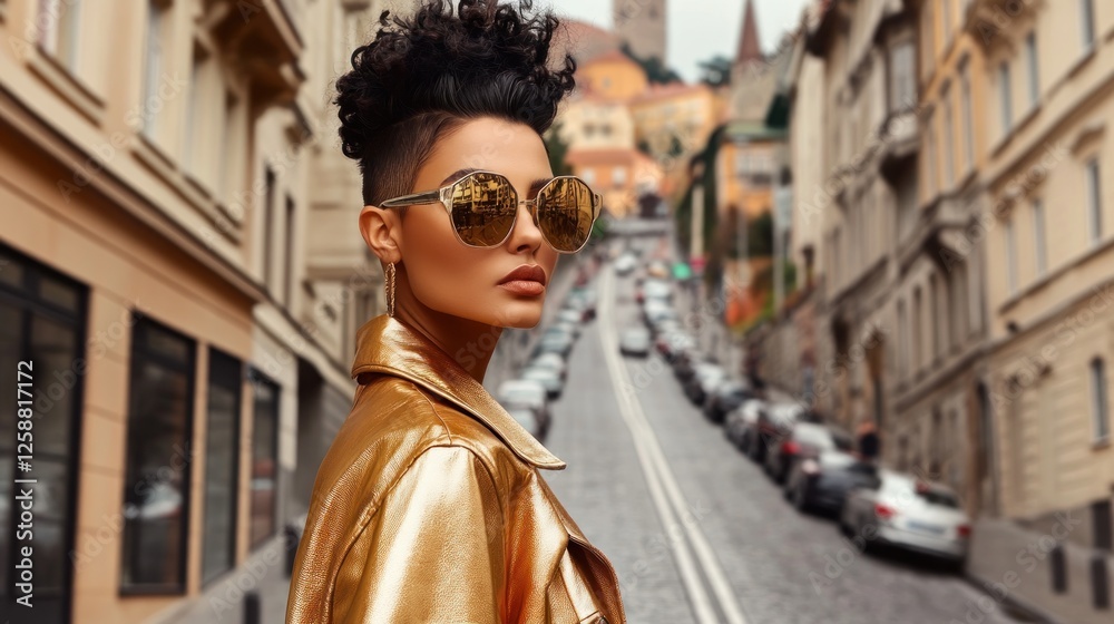 Obraz premium Stylish Woman in Gold Sequin Jacket Posing on City Street