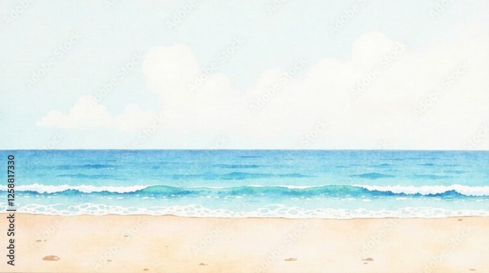 Serene Coastal Watercolor Painting Tranquil Ocean Waves Gently Rolling Onto a Sandy Shore Under a Calm Sky with Soft Clouds Serene Coastal Watercolor Painting Tranquil Ocean Waves Gently Rolling Onto a Sandy Shore Under a Calm Sky with Soft Clouds