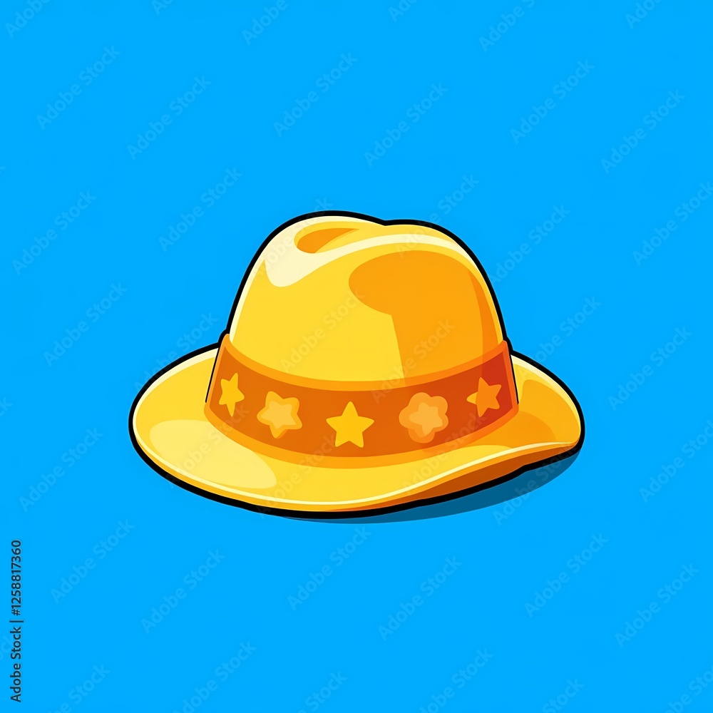 An shiny image of a gold hat with a patterned design. The background is a bright blue color, adding depth and contrast. An shiny image of a gold hat with a patterned design. The background is a bright blue color, adding depth and contrast.