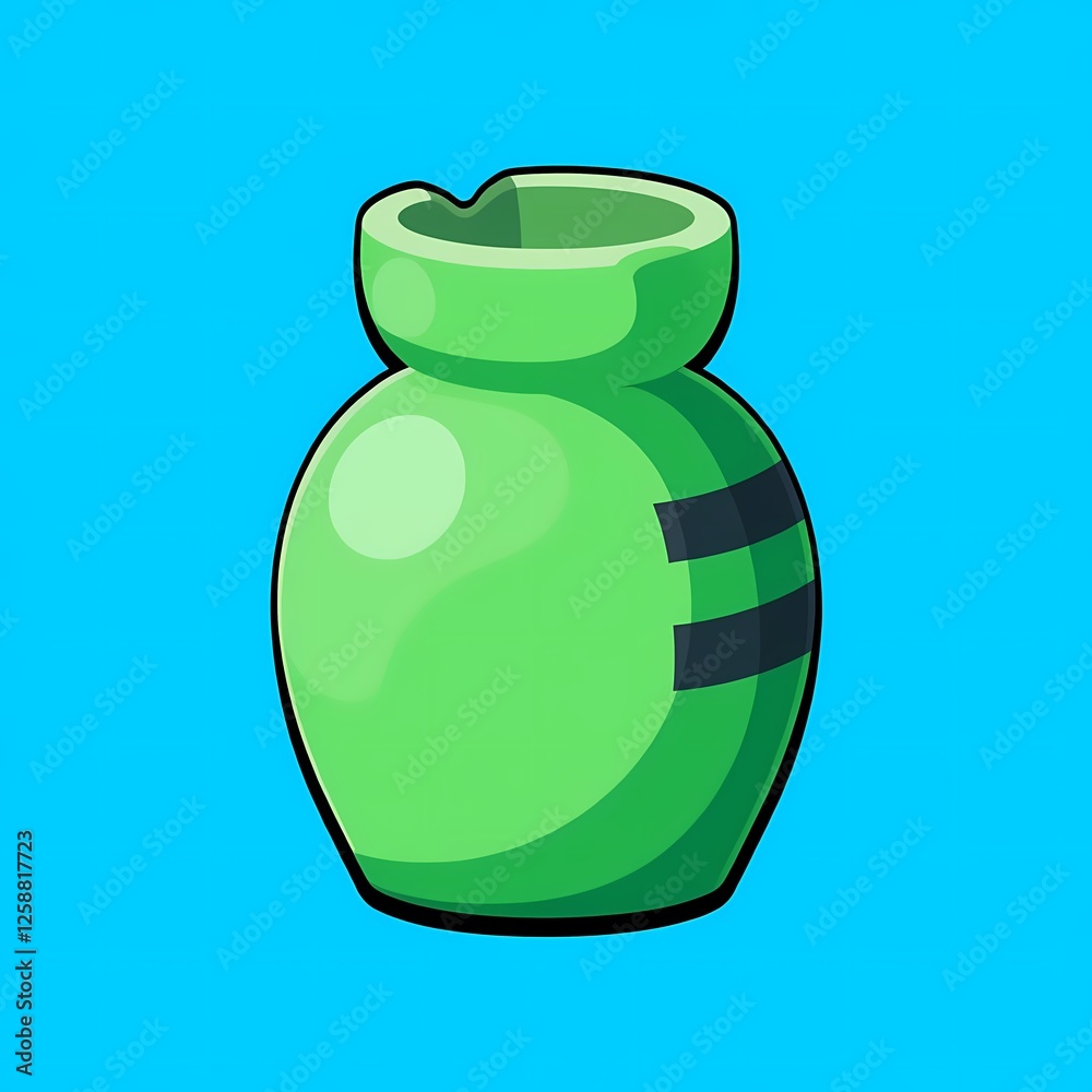 An chunky image of a green vase with a black stripe on the side. The background is a bright blue color, adding depth and contrast.