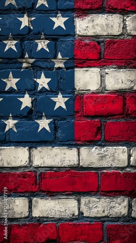 Mural of United States flag painted on a brick wall in an urban environment