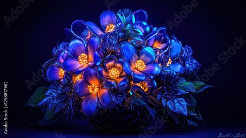 Glowing blue flowers with vibrant orange centers in a surreal fantasy arrangement. photo