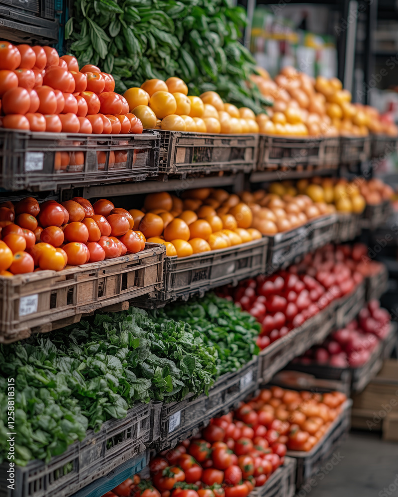 Vibrant produce fills the stalls at a lively farmers market in early morning