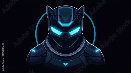 Futuristic armored character with glowing blue eyes in a cyberpunk style. photo