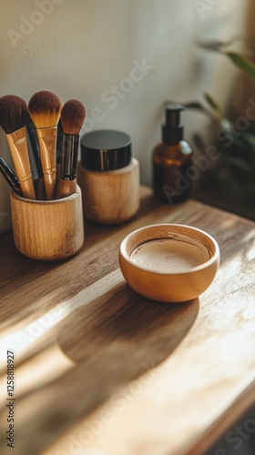 Aesthetic vanity setup with wooden makeup brushes and skincare products in warm lighting. photo