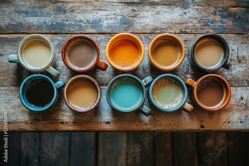 Brightly colored mugs filled with various beverages arranged on a rustic wood...