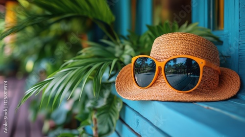 Colorful sunglasses and straw hat resting on blue wooden surface surrounded b...
