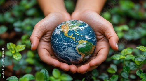 Protecting the planet while holding a globe surrounded by lush green plants