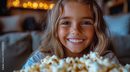 Smiling girl enjoys popcorn during cozy movie night at home with warm lightin...