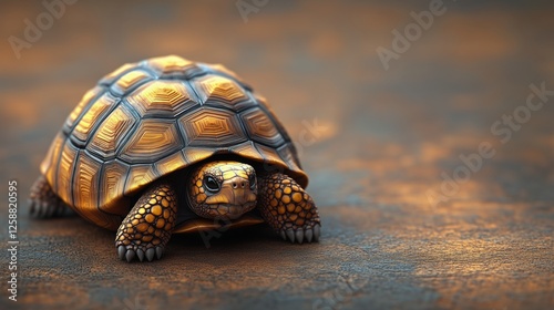 Tortoise walking on textured surface in warm light during daytime