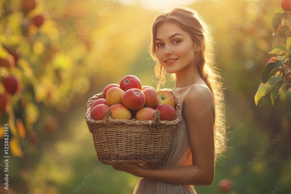 A woman stands in an orchard, basking in golden sunlight as she holds a basket overflowing with freshly picked, ripe apples. The lush greenery surrounds her, creating a serene atmosphere A woman stands in an orchard, basking in golden sunlight as she holds a basket overflowing with freshly picked, ripe apples. The lush greenery surrounds her, creating a serene atmosphere