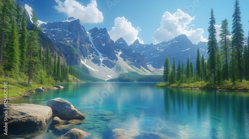 Beautiful lake surrounded by mountains and lush trees under a clear blue sky