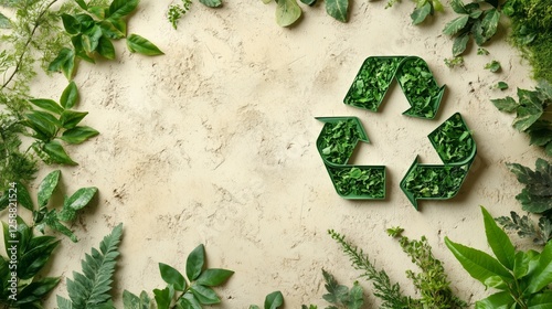 Recycling symbol made from leaves surrounded by greenery on a textured surface