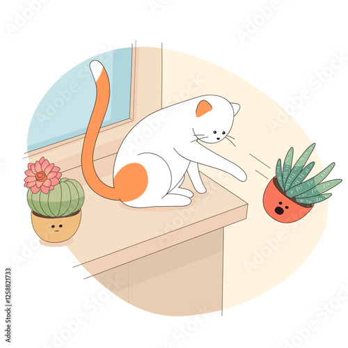 Domestic cat plays pranks at home. Funny and cozy vector illustration.