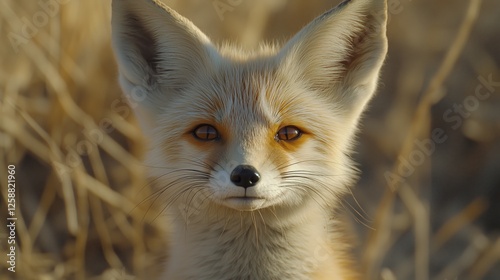 Fox with striking eyes resting in golden grasses during sunset in a natural h...