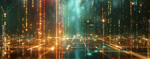 Wallpaper Mural Futuristic digital city with glowing golden data streams, representing artificial intelligence, virtual networks, and advanced technology Torontodigital.ca