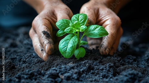 Hands planting a young green seedling in rich black soil during the daytime