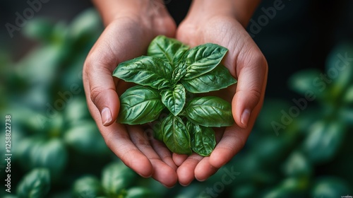 Fresh basil plant held by hands surrounded by green foliage outdoors in natur...
