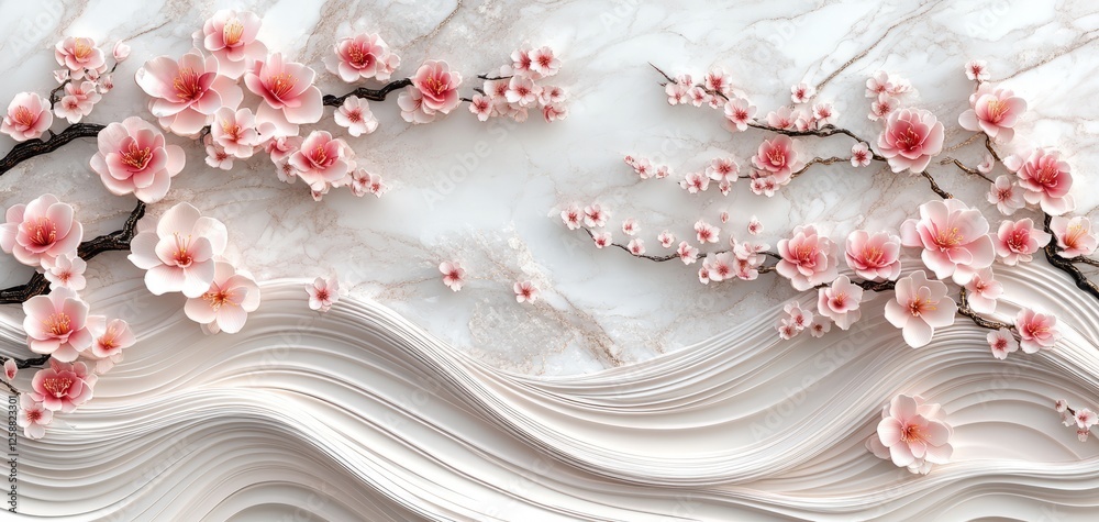 3D relief painting of a plum tree with white petals, 3D relief painting of a plum tree with white petals,