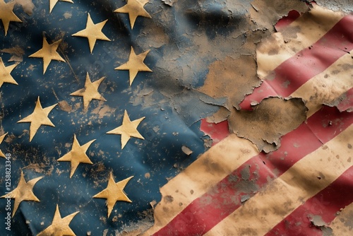 Weathered American flag with visible wear and tear against rustic backdrop