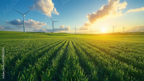 Wind turbines generate renewable energy at sunset over lush green fields