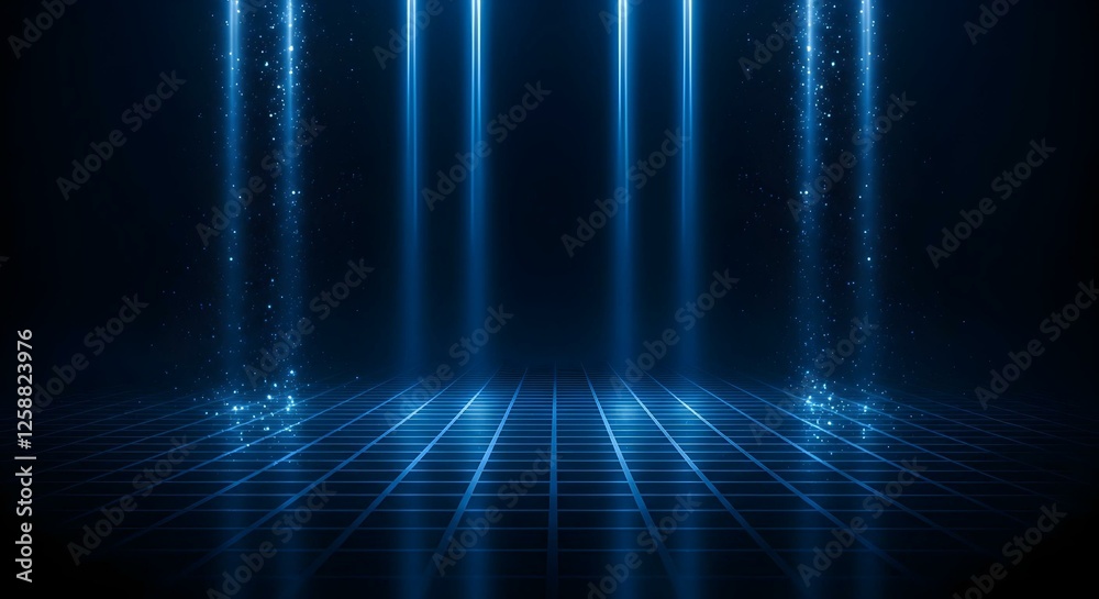 Una escena futurista con un fondo azul oscuro iluminado por rayos verticales de luz y partículas brillantes dispersas, creando un efecto brillante Una escena futurista con un fondo azul oscuro iluminado por rayos verticales de luz y partículas brillantes dispersas, creando un efecto brillante