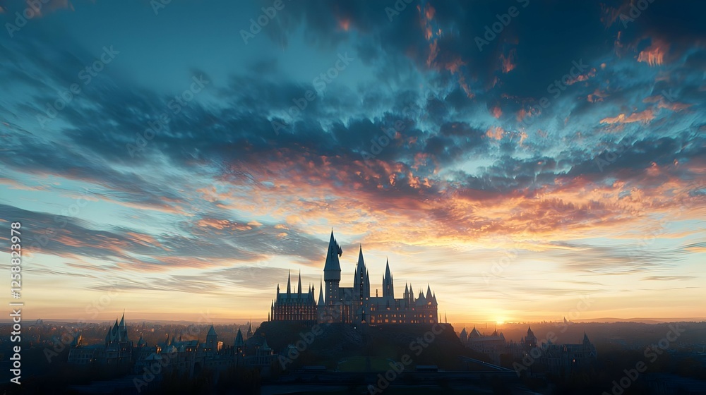 Naklejka premium Ruined Castle Silhouette at Sunset Over a Cityscape