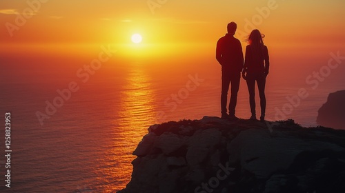 Couple gazes at stunning sunset over ocean from rocky cliff top