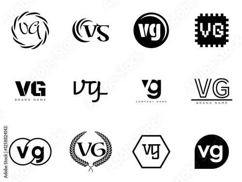 VG logo company template. Letter v and g logotype. Set different classic serif lettering and modern bold text with design elements. Initial font typography.
