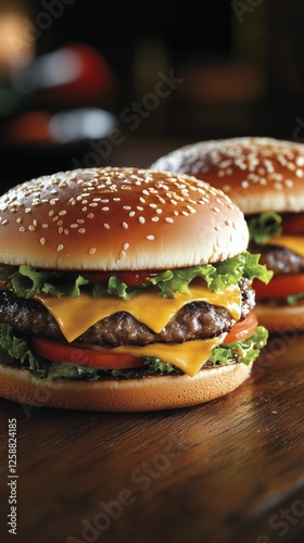 Juicy cheeseburgers served with fresh lettuce and tomatoes in a cozy restaura...