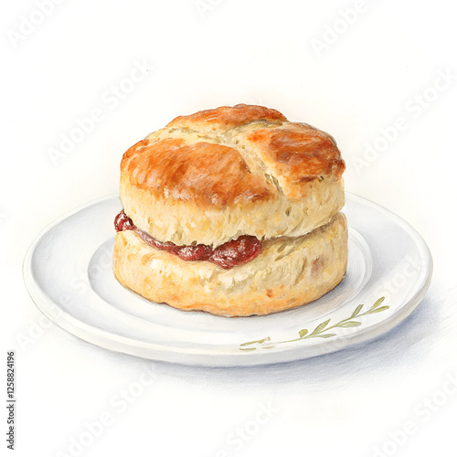Realistic scone with jam illustration on white background