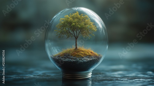 Glowing glass orb displays miniature tree on a small dirt island surrounded b...