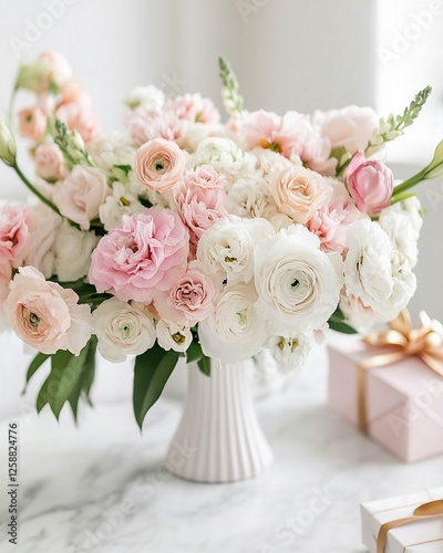 Elegant spring flowers and gift box on a wooden table