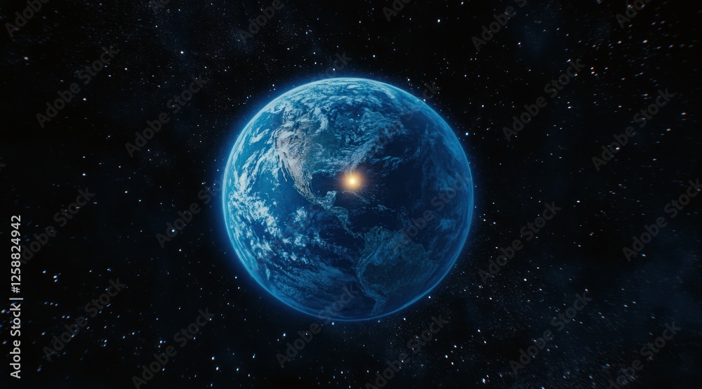 Fototapeta premium Earth Planet Shining Brightly In Space Among Stars