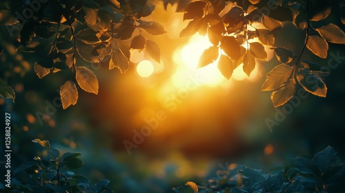 Sunlight filters through leaves in a serene forest at dusk near a quiet river