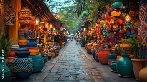 Vibrant artisan market filled with colorful pottery and lanterns in an outdoo...