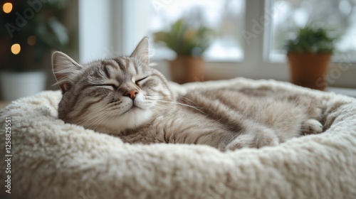 Cozy cat napping peacefully in a warm basket by the window on a winter day