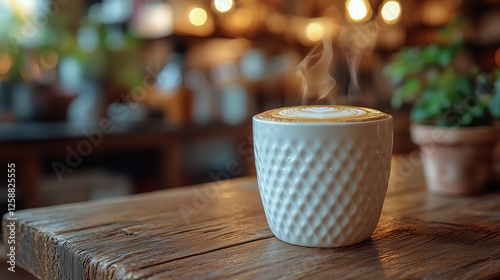 Warm coffee sits on a wooden table surrounded by a cozy cafe atmosphere in th...