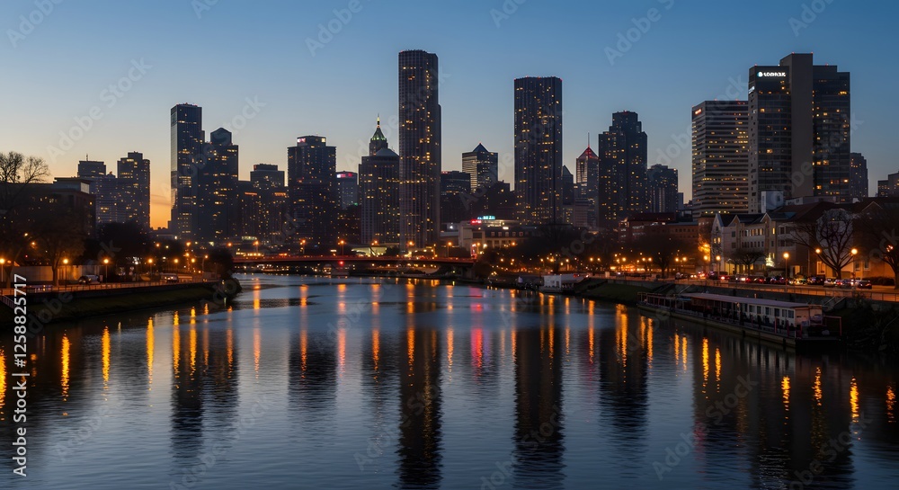 Obraz premium City Skyline at Dusk Reflecting in River Downtown Cityscape