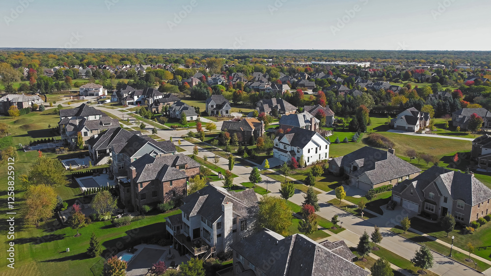Fototapeta premium Aerial view of suburban homes in Chicago, Illinois. An expansive aerial view of a suburban area in Chicago, Illinois.