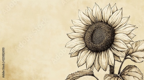 Detailed vintage sketch of a sunflower against a textured beige background