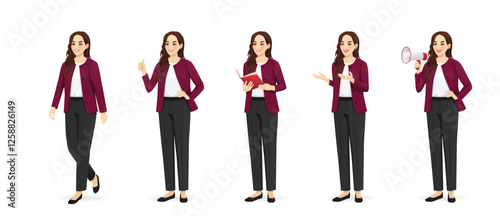 Beautiful business young woman standing half turn view different poses set. Standing, showing thumb up, talking, walking, speaking with megaphone, holding the book. Isolated vector illustration.
