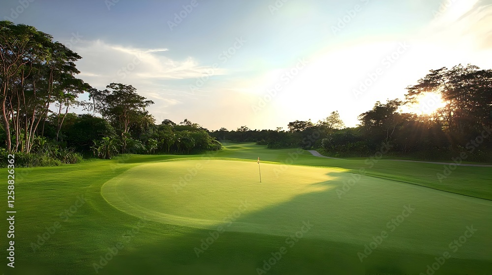 Naklejka premium Golf Course View At Sunset With Lush Green Fairway