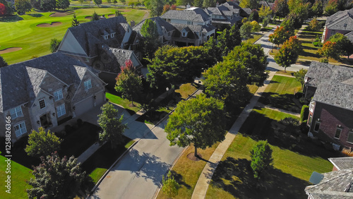 Aerial view of suburban neighborhood near a golf course in Chicago.
