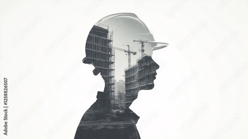 Black and White Labour Day Concept with Worker and Building Machinery Overlay. Double Exposure with Monochrome Style on White Background. Generative AI Black and White Labour Day Concept with Worker and Building Machinery Overlay. Double Exposure with Monochrome Style on White Background. Generative AI