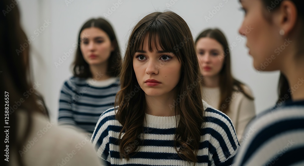Fototapeta premium Young woman feeling uncomfortable among people indoors